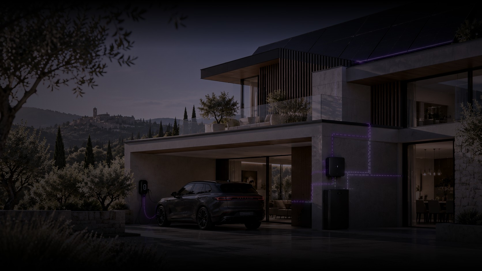 A residence with PhaseLux panels at dusk